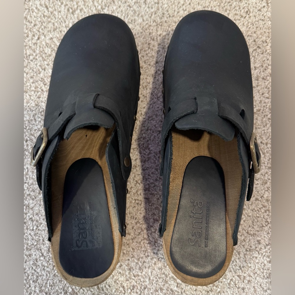 Sanita Kristel Black Nubuck Leather Wood Studded Clog Mule Shoes w/ Buckle - Picture 7 of 15